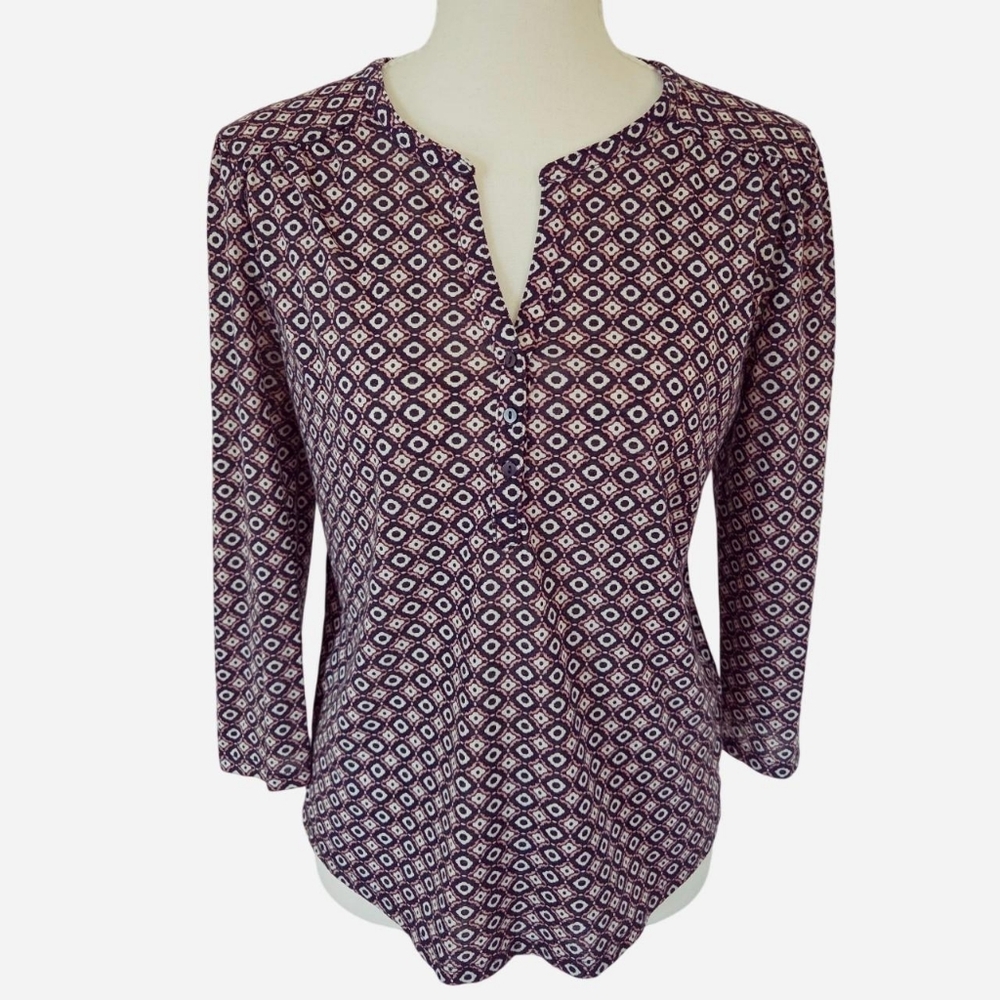 H&M boho geometric print top with 3/4 sleeves pink blue and white relaxed size S
